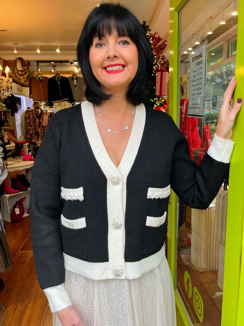 Meredith Diamanté Button & Two Tone Cardi - Black