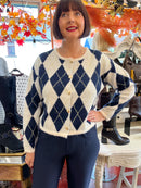 Darcy Diamond Print Cardi - Navy & Cream