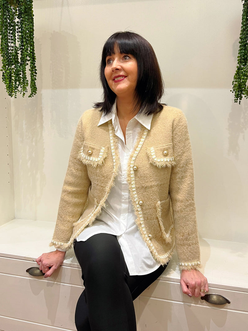 Natalia Knitted Jacket With Pearl Buttons - Camel