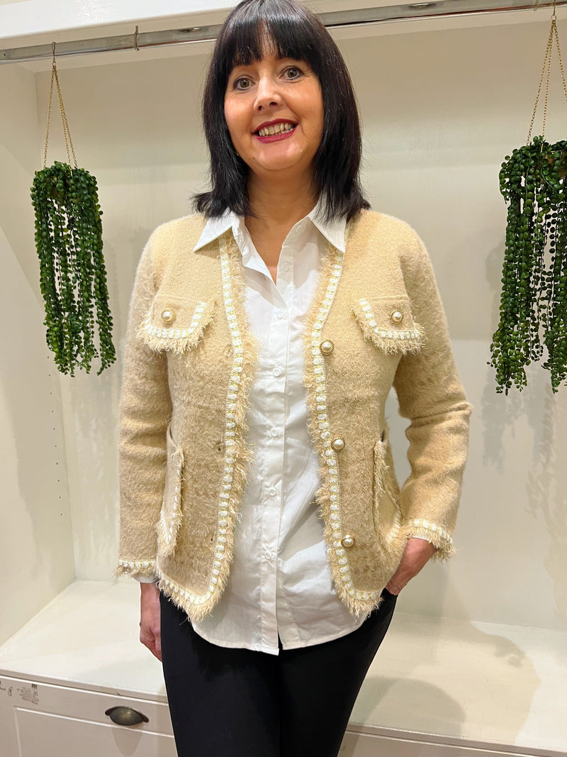 Natalia Knitted Jacket With Pearl Buttons - Camel