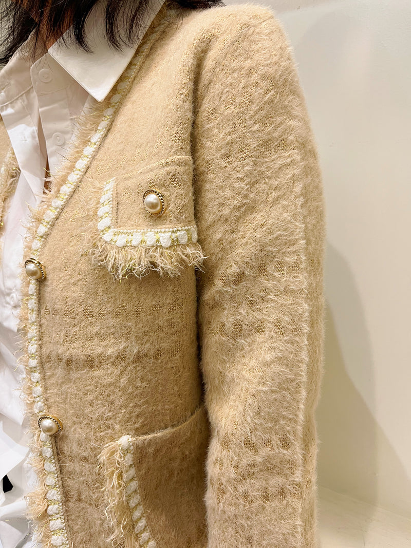 Natalia Knitted Jacket With Pearl Buttons - Camel