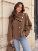 Maya Pearl Button Knitted Jacket With Detachable Scarf - Light Mocha