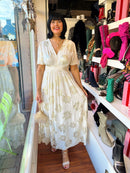 Jessie Gold Leaf Print Dress - Cream