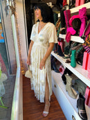 Jessie Gold Leaf Print Dress - Cream