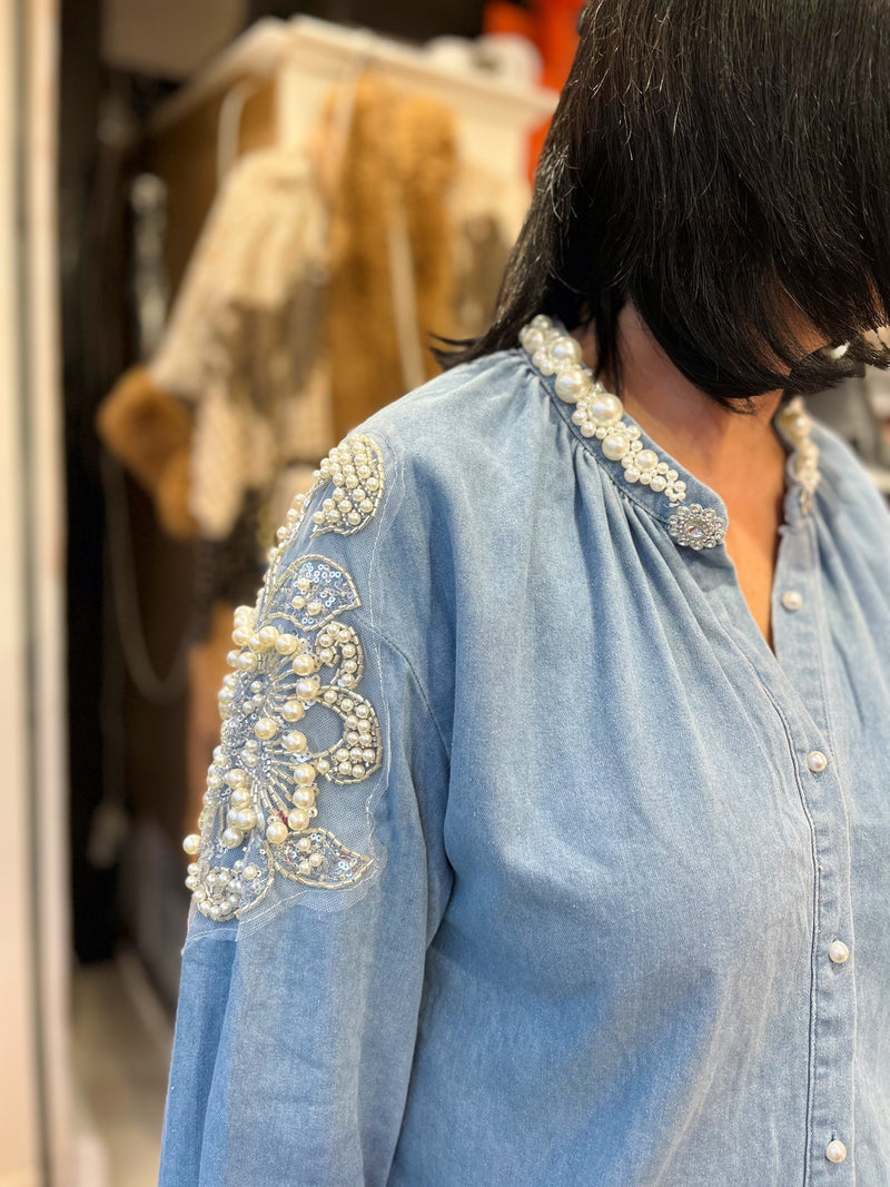 Bonnie Vintage Pearl Embellished Light Denim Shirt