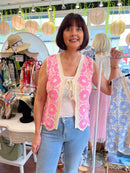 Tatum Bow Tie Crochet Vest - Pink & Cream