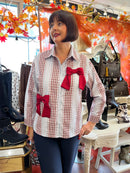 Giselle Bow Tartan Shirt - Cherry & Blue