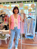 Tatum Bow Tie Crochet Vest - Pink & Cream