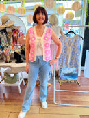 Tatum Bow Tie Crochet Vest - Pink & Cream