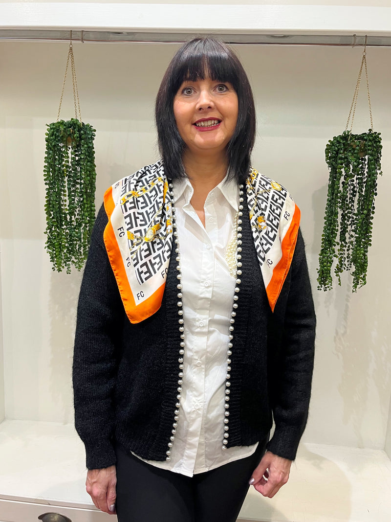 Fay Printed Neck Scarf - Orange, Black & White