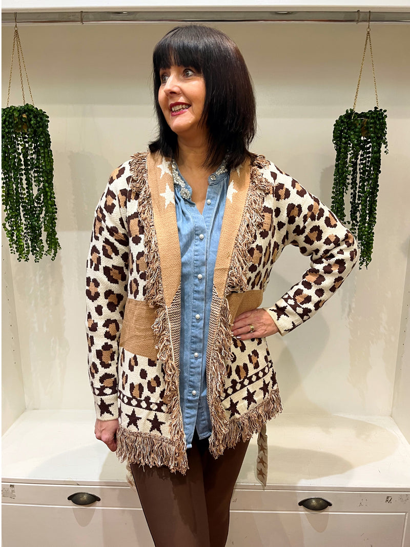 Remi Leopard & Star Fringe Belted Cardi - Camel