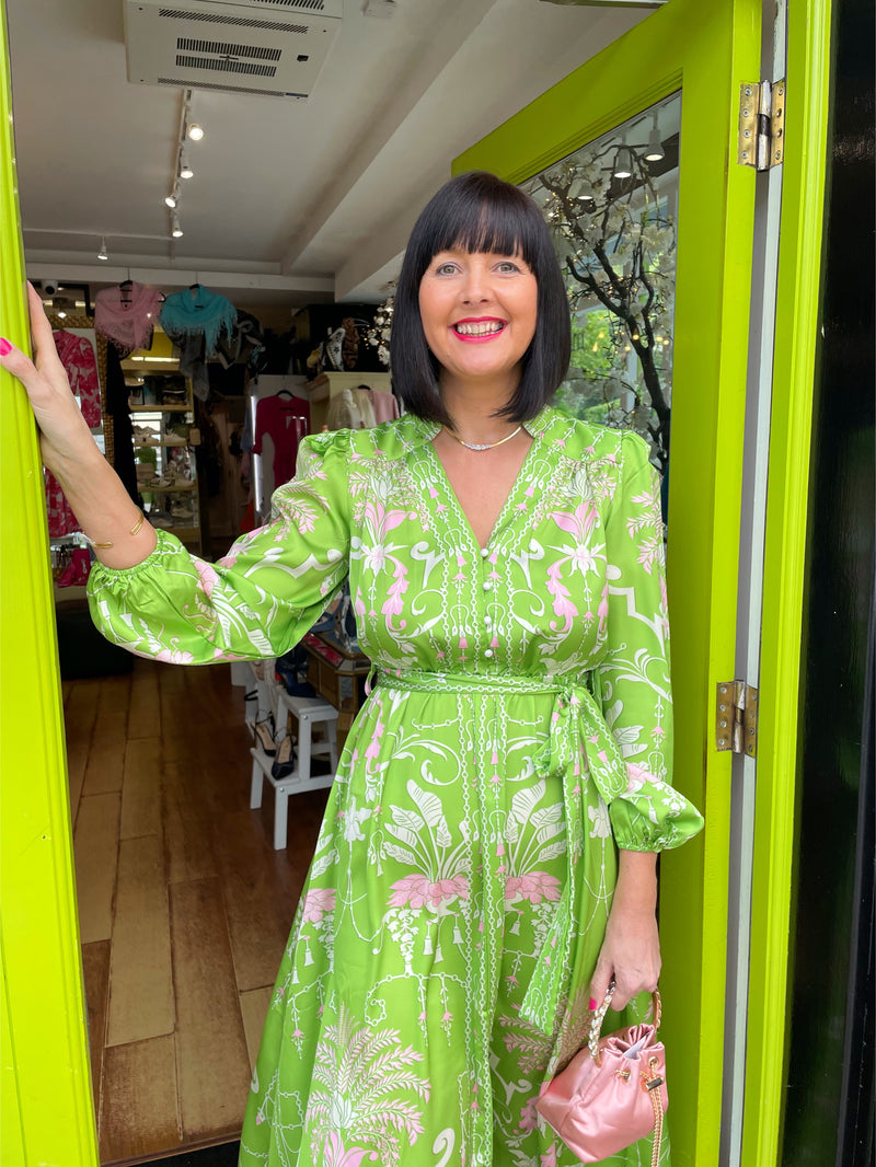Abigail Button Down Belted Dress  - “Memories” Green With Pink