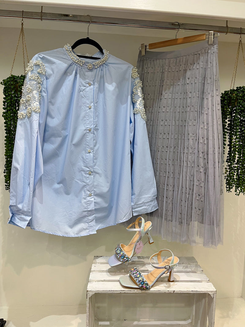 Bonnie Vintage Pearl Embellished Cotton Shirt - Pale Blue