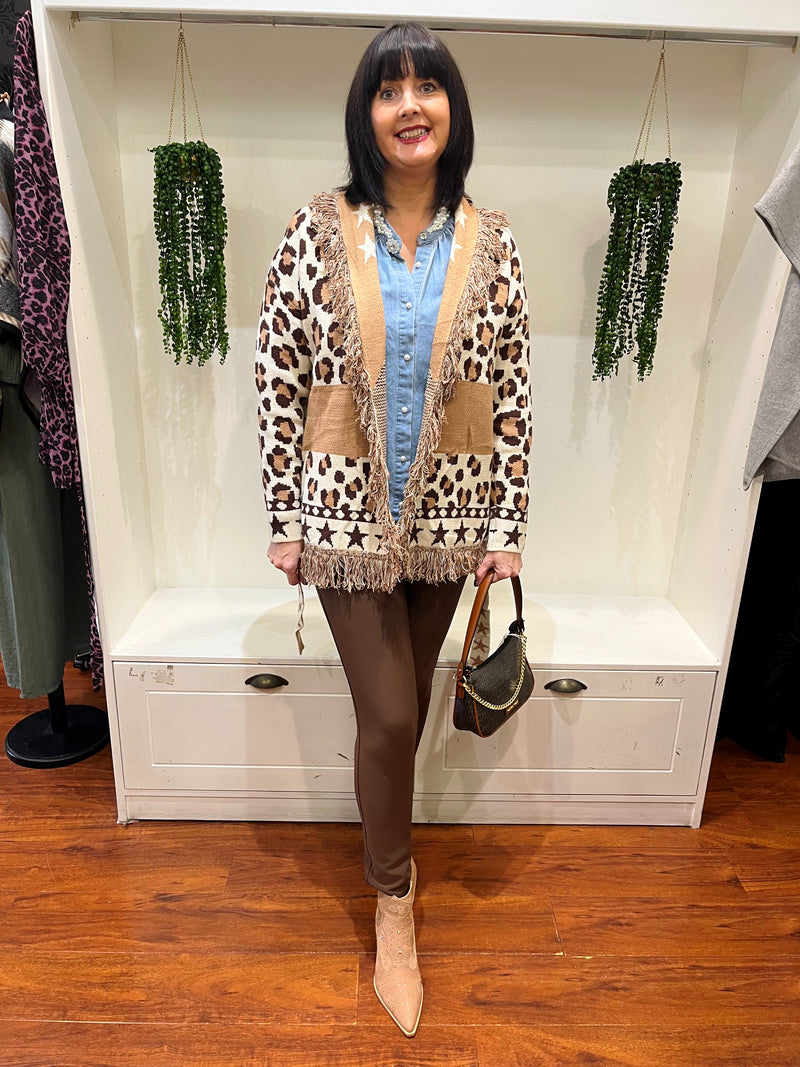 Remi Leopard & Star Fringe Belted Cardi - Camel