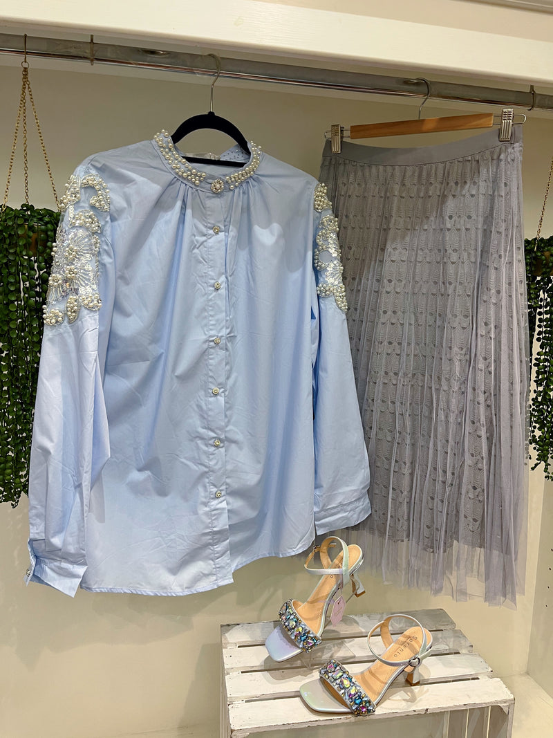 Bonnie Vintage Pearl Embellished Cotton Shirt - Pale Blue