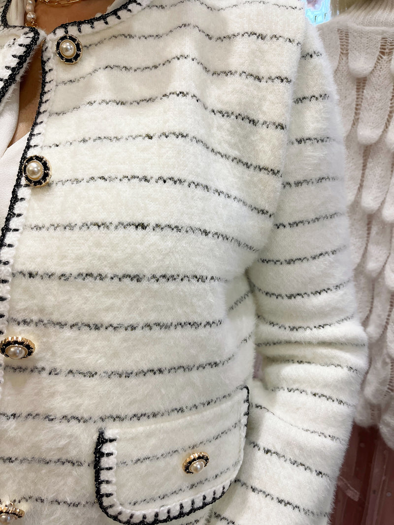 Hepburn Stripe Pearl Button Knitted Jacket - White