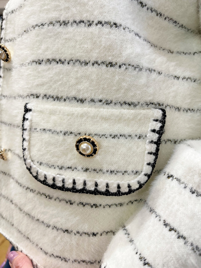 Hepburn Stripe Pearl Button Knitted Jacket - White