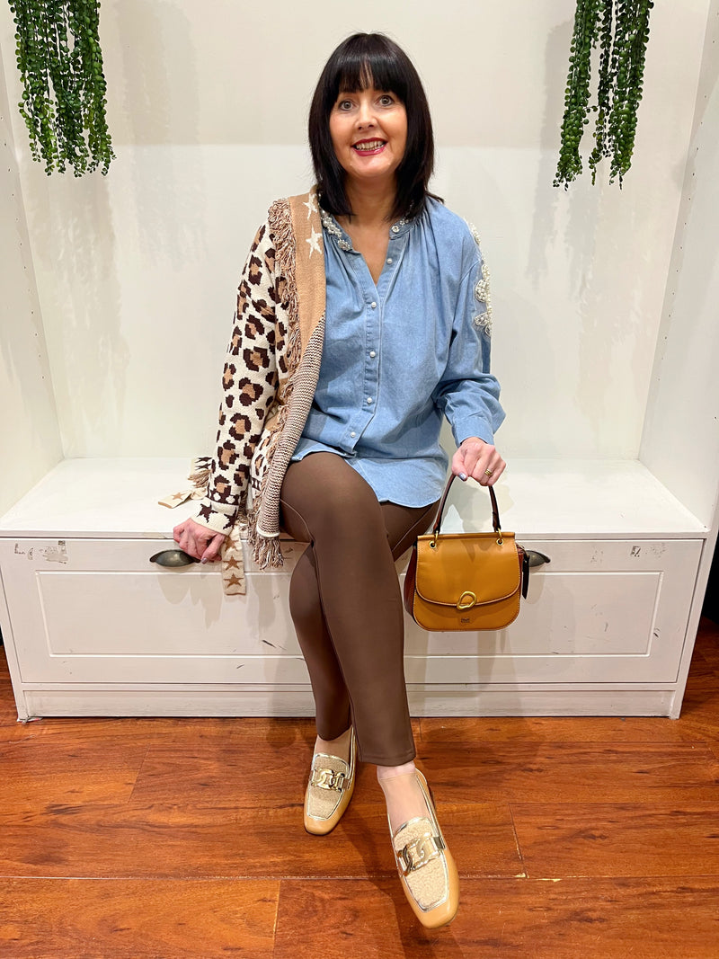 Remi Leopard & Star Fringe Belted Cardi - Camel