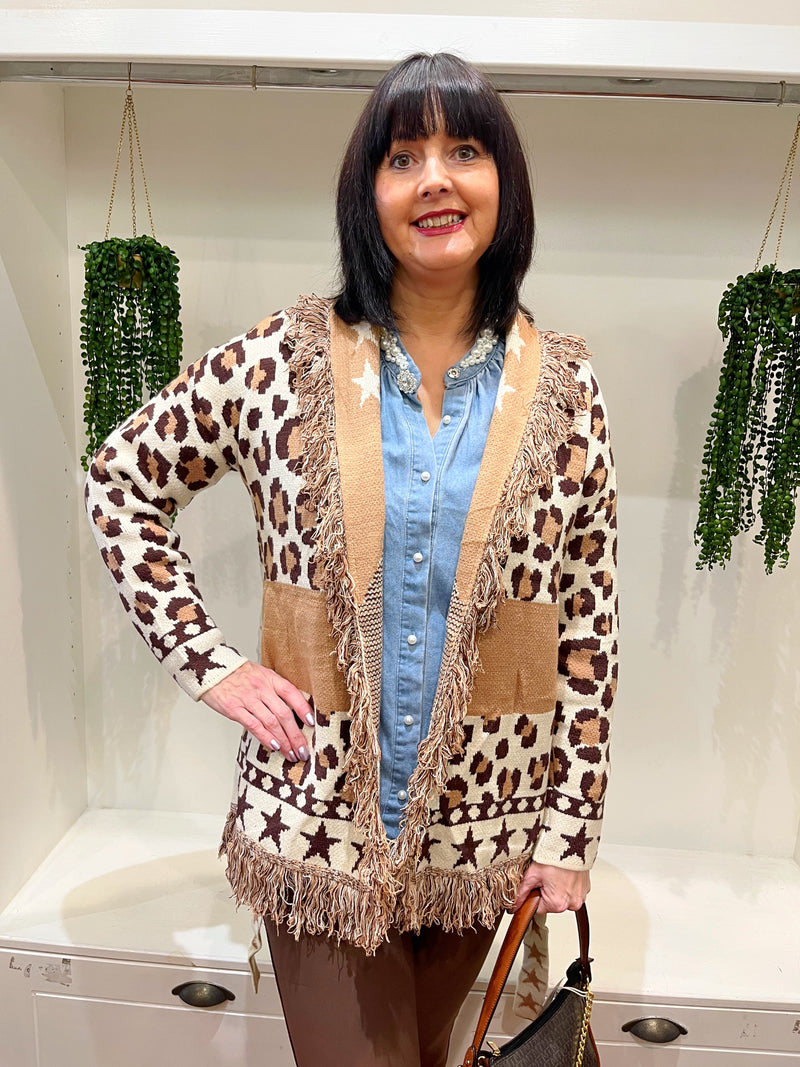 Remi Leopard & Star Fringe Belted Cardi - Camel