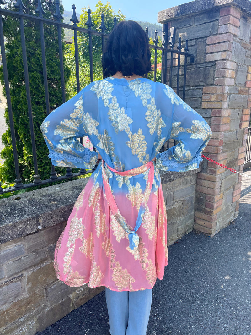 Ombre Gold Hand Embroidered Belted Kimono - Blue & Pink
