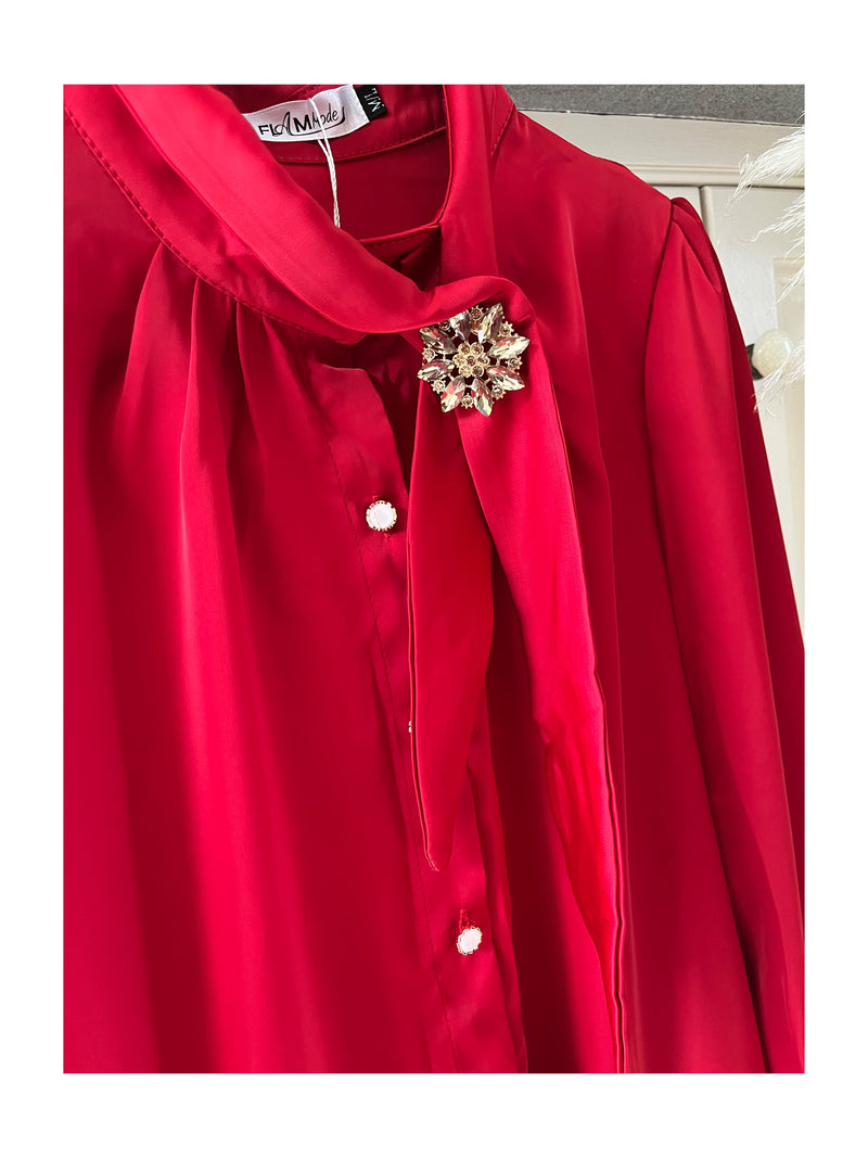 Elish Brooch Tie Shirt - Red