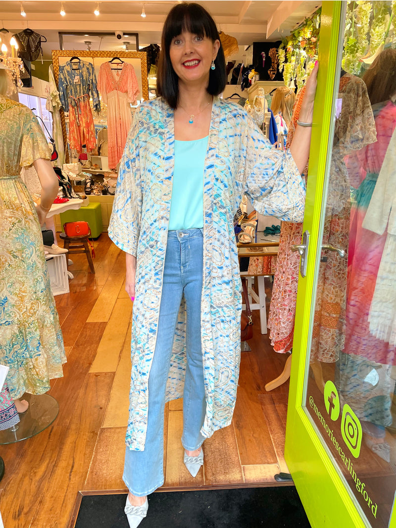 Queenie Belted Kimono With Gold - Light Blue