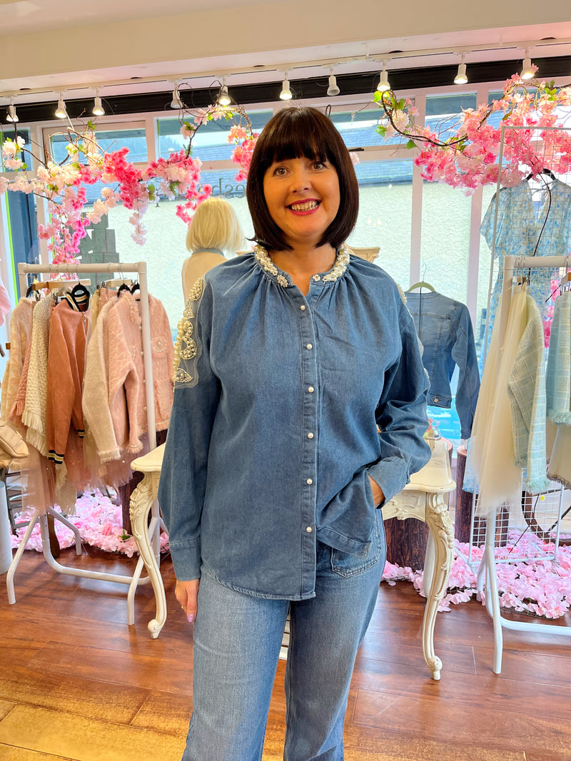 Bonnie Vintage Pearl Embellished Dark Denim Shirt