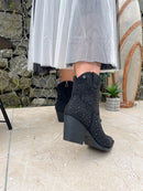 XTI Black Diamante Cowboy Ankle Boot  - Black 141723