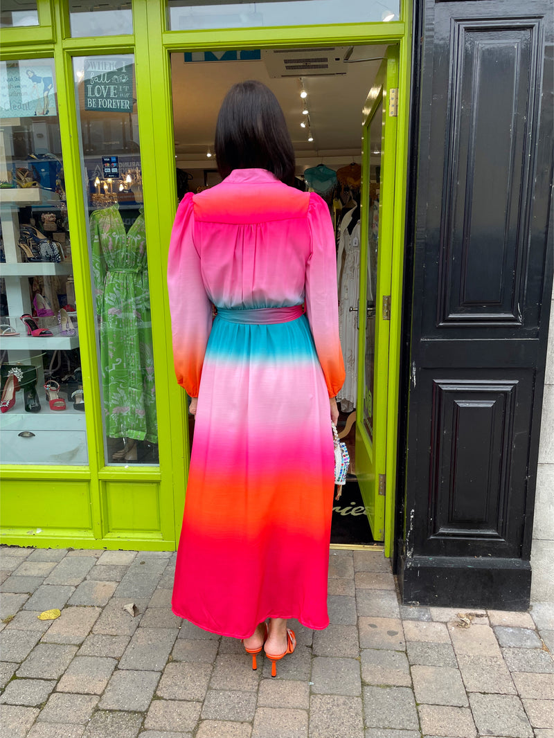 Abigail Button Down Belted Dress  - Rainbow Ombre