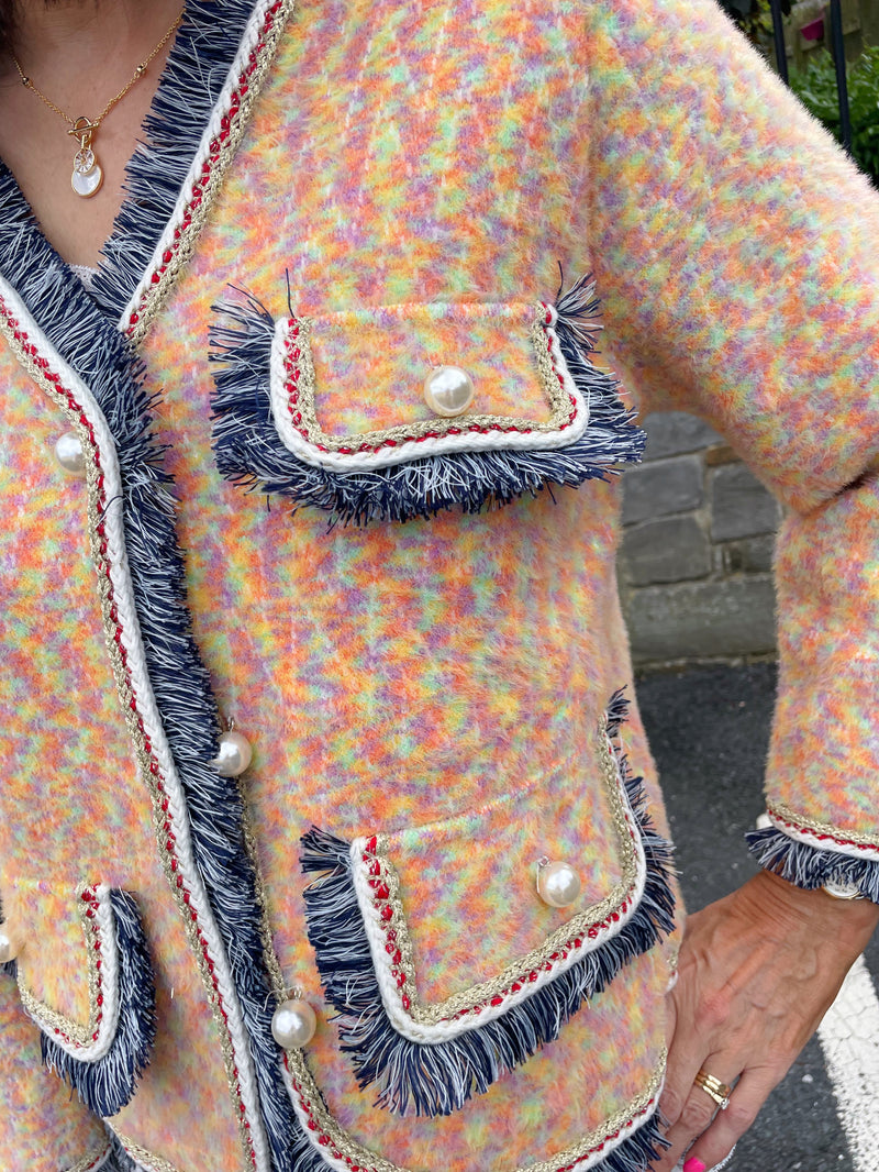 Kendal Fringe & Pearl Knitted Jacket - Sunset Rainbow