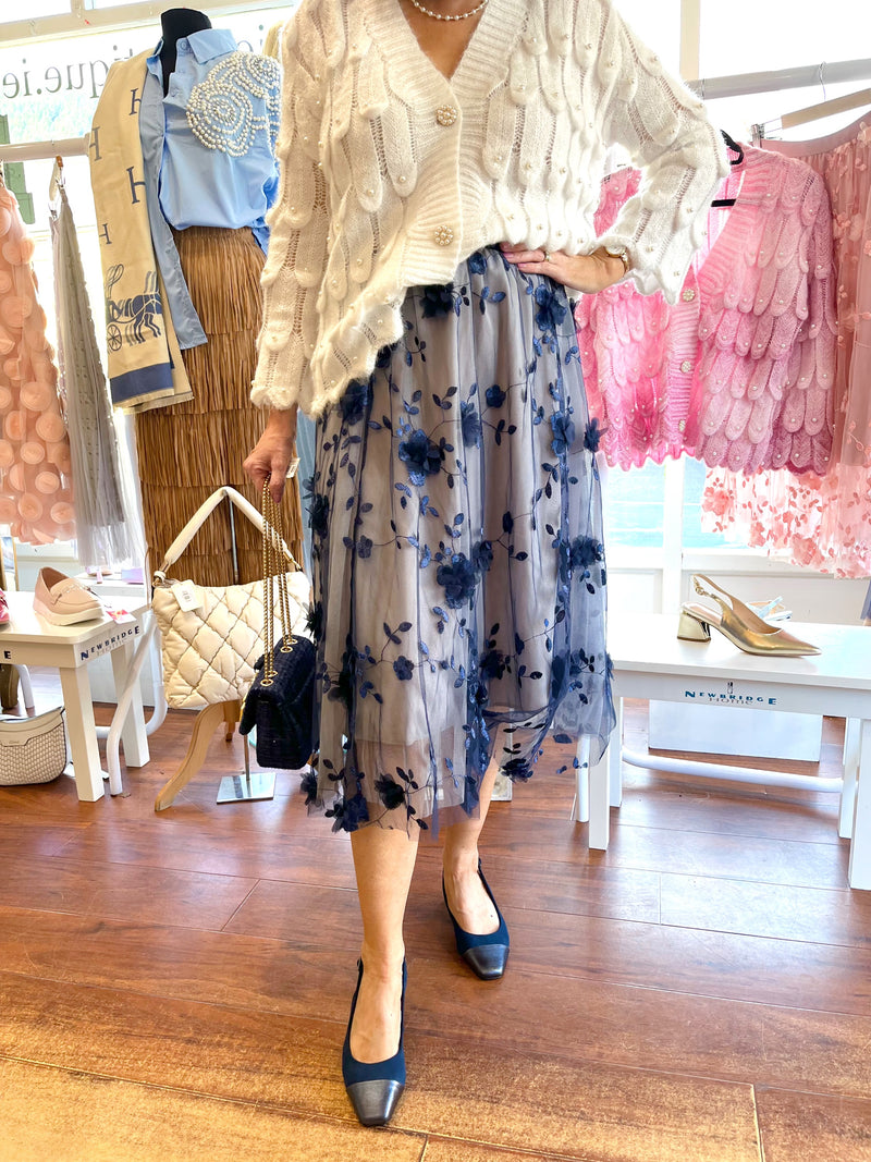 Tully Appliqué Floral Tulle Skirt - Navy