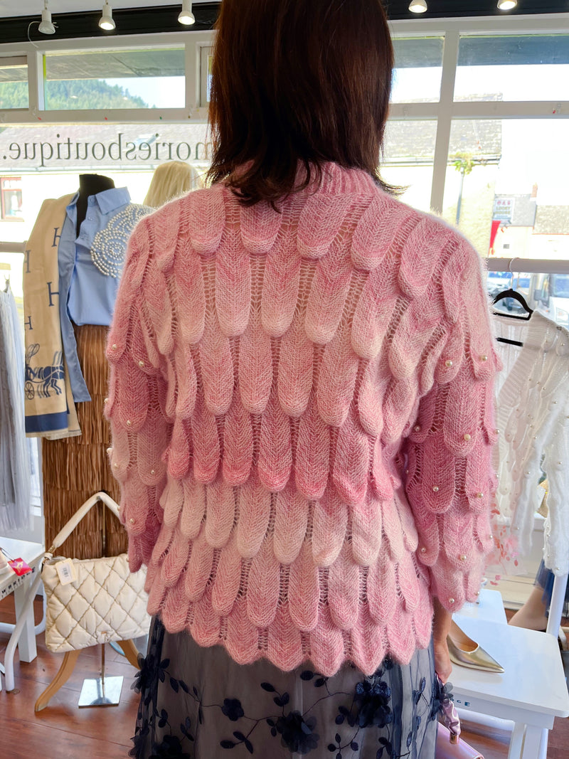 Mermaid Pearl Embellished & Pearl Button Cardi - Pink Ombré