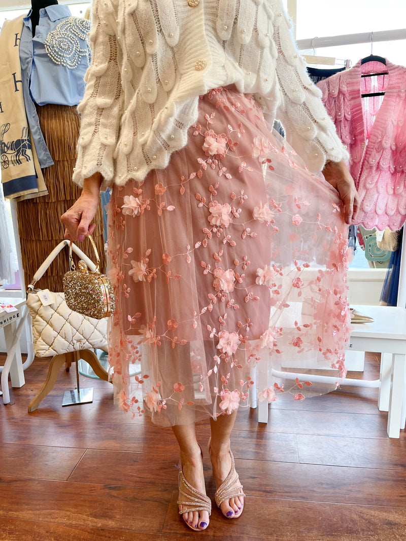 Tully Appliqué Floral Tulle Skirt - Blush Pink