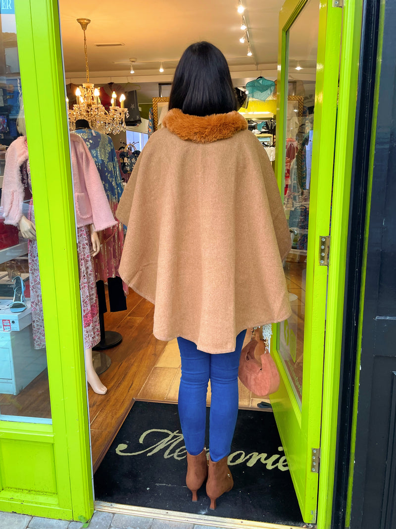 Rhea Wrap Over Cape Poncho With Faux Fur - Tan