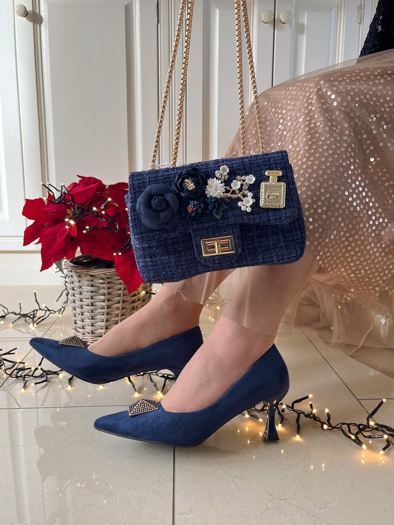 Joda Tweed Embellished Bag - Navy