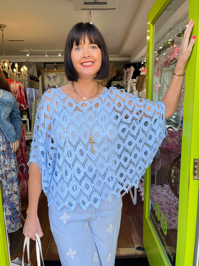 Anabell Batwing Crochet Top - Blue