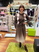 Eilish Bow & Diamond Print Knit Cardi - Brown