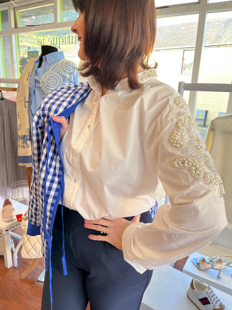 Bonnie Vintage Pearl Embellished Cotton Shirt - White