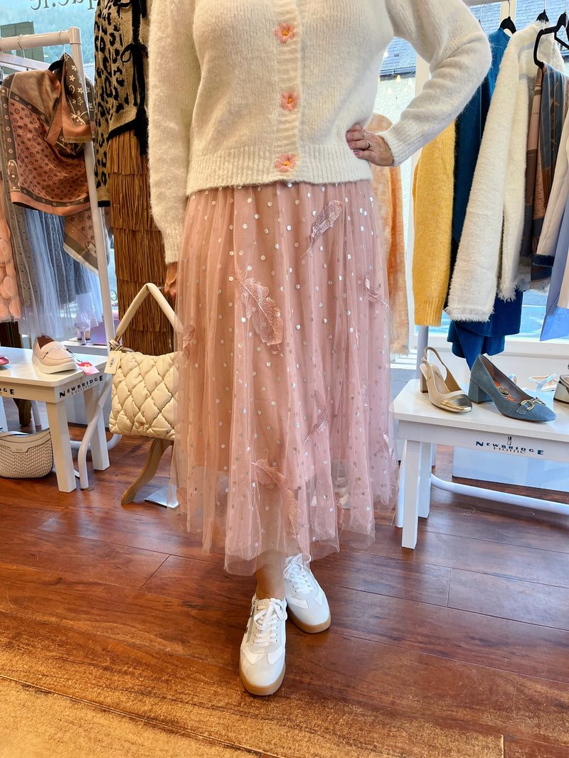 Hayden Feather & Silver Polka Dot Tulle Skirt - Blush Pink