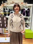 Eilish Bow & Diamond Print Knit Cardi - Taupe