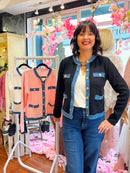 Tori Denim Trim & Gold Button Knit Cardi - Black