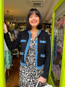 Tori Denim Trim & Gold Button Knit Cardi - Black