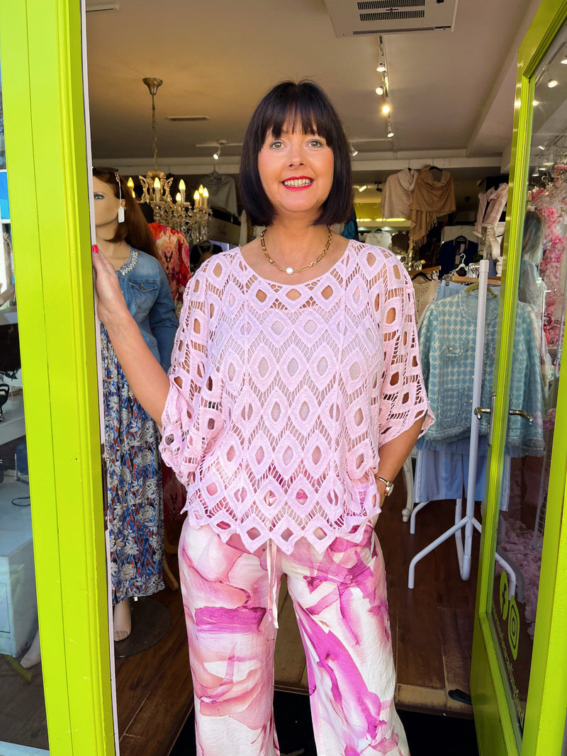 Anabell Batwing Crochet Top - Pink