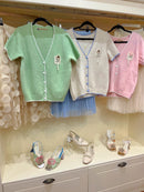 Lucy Flower & Pearl Applique Cardi - Cream With Sky Blue