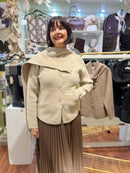 Maya Pearl Button Knitted Jacket With Detachable Scarf - Light Camel
