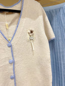 Lucy Flower & Pearl Applique Cardi - Cream With Sky Blue