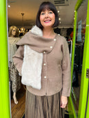 Maya Pearl Button Knitted Jacket With Detachable Scarf - Light Mocha