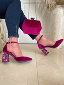 Menbur 24359 Crushed Velvet Magenta Sandal With Jewel Heel