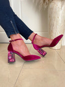Menbur 24359 Crushed Velvet Magenta Sandal With Jewel Heel