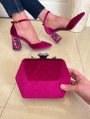 Menbur 24359 Crushed Velvet Magenta Sandal With Jewel Heel